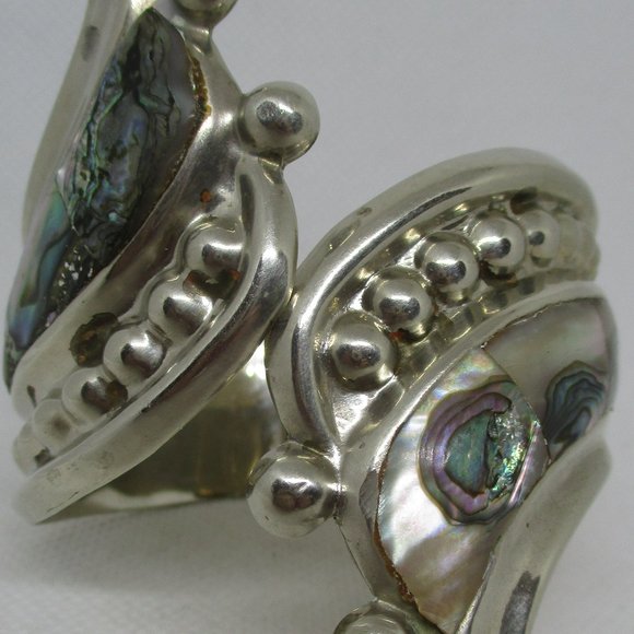 Wide ABALONE MEXICAN SILVER Bracelet Mexican Silver Abalone Swirl Clamper Cuff - Picture 12 of 14